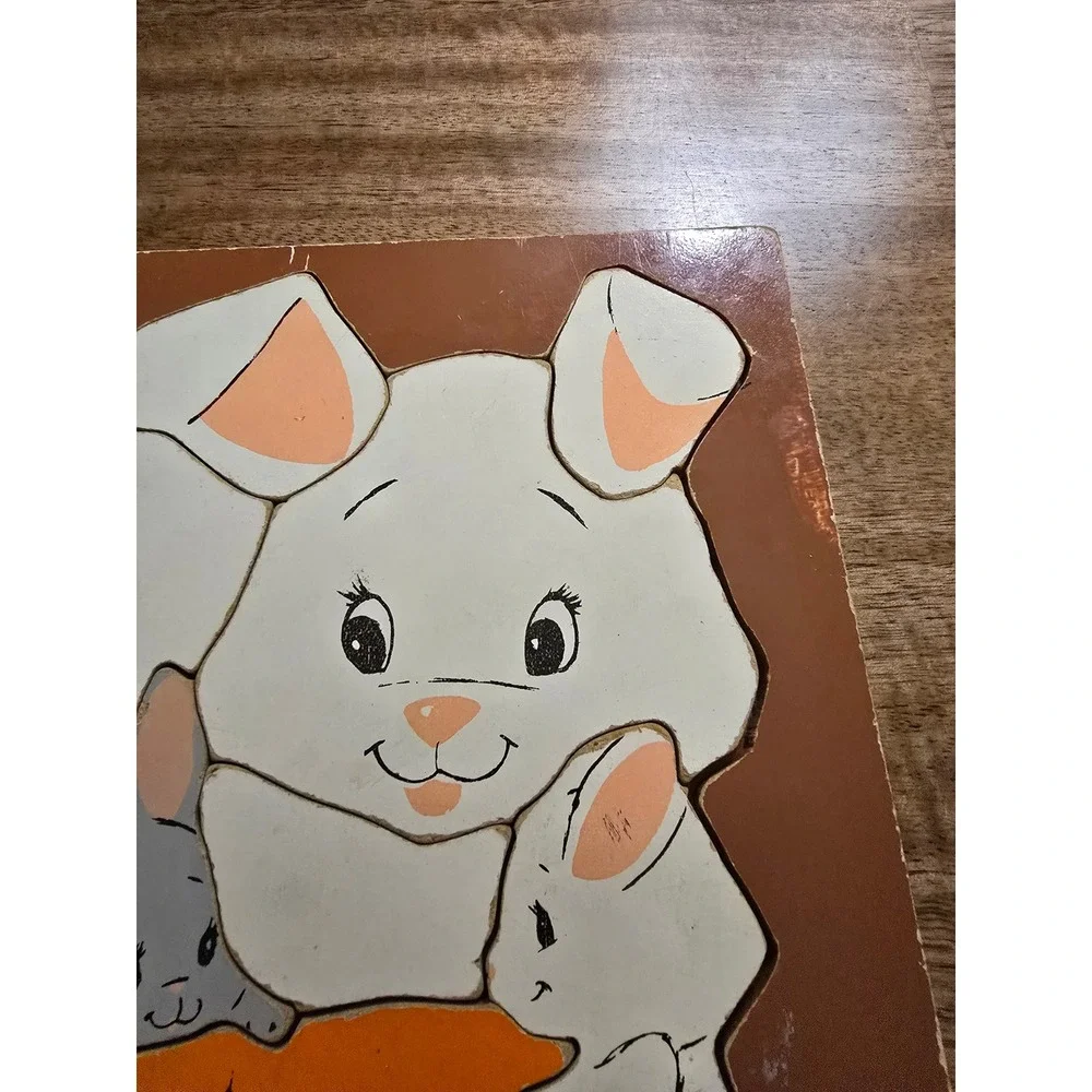 Vintage Playskool Wooden Inlay Puzzle Rabbits Bunnies Carrot 13 Pieces